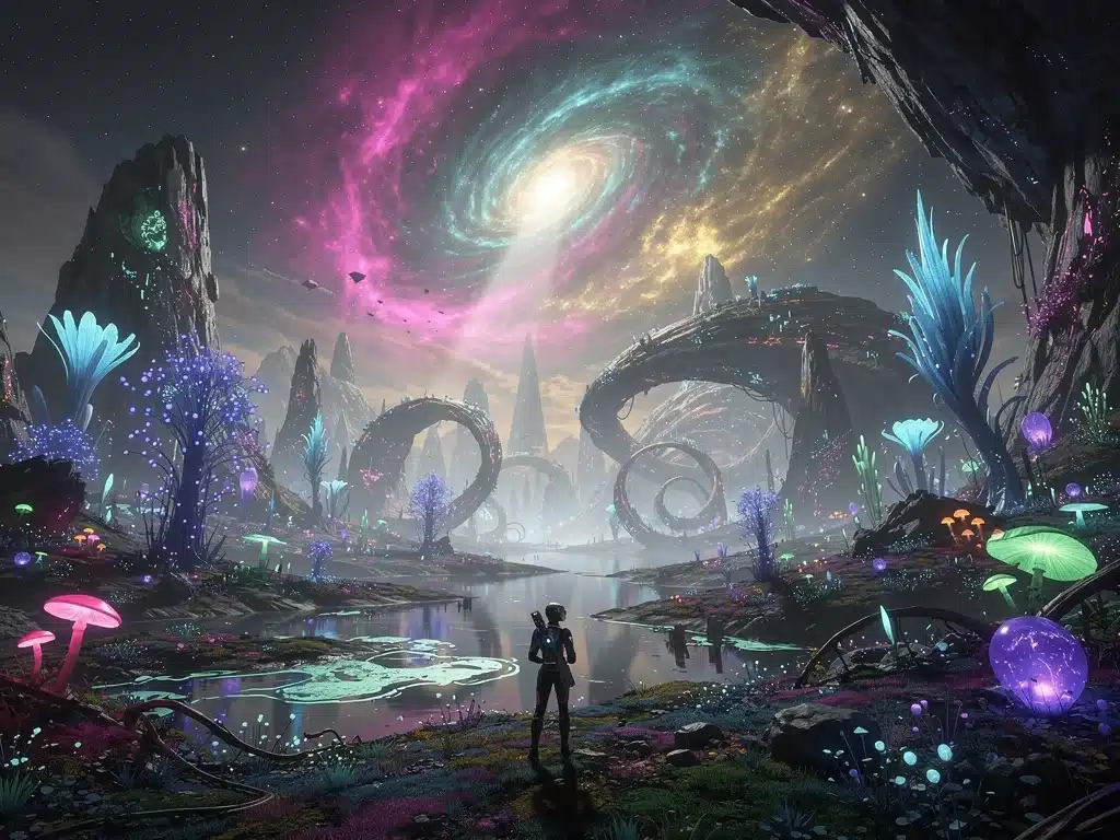 Bioluminescent alien landscape in a video game, depicting imaginative and innovative world design.
