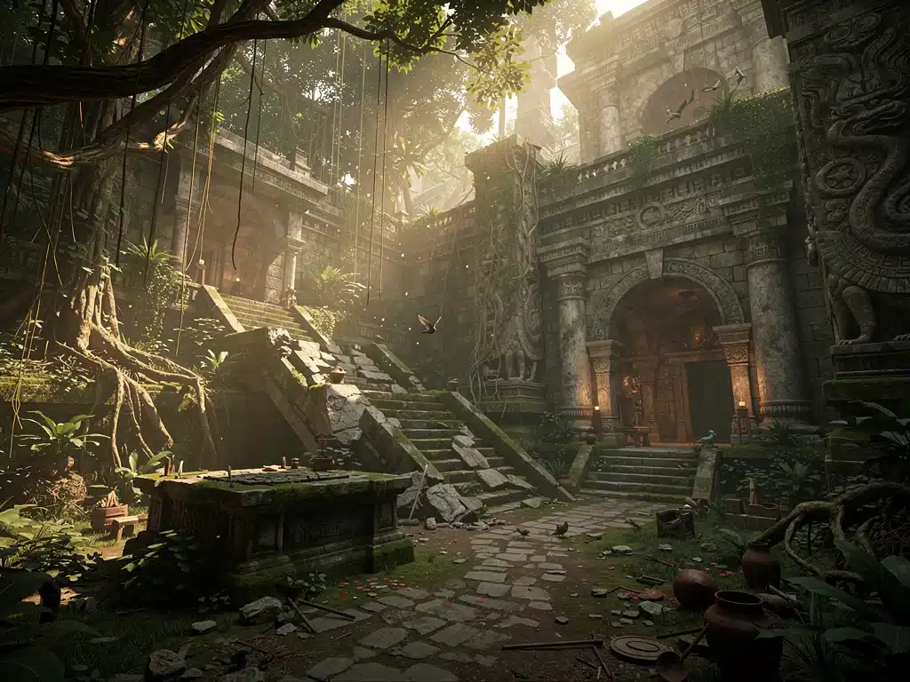 Ancient ruins within a richly detailed video game environment, emphasizing environmental storytelling.