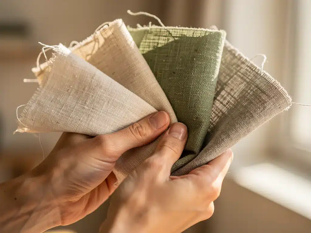 Hands examining various swatches of eco-friendly fabrics