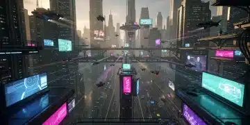 Futuristic cityscape in a video game, showcasing advanced level design and immersive environments.