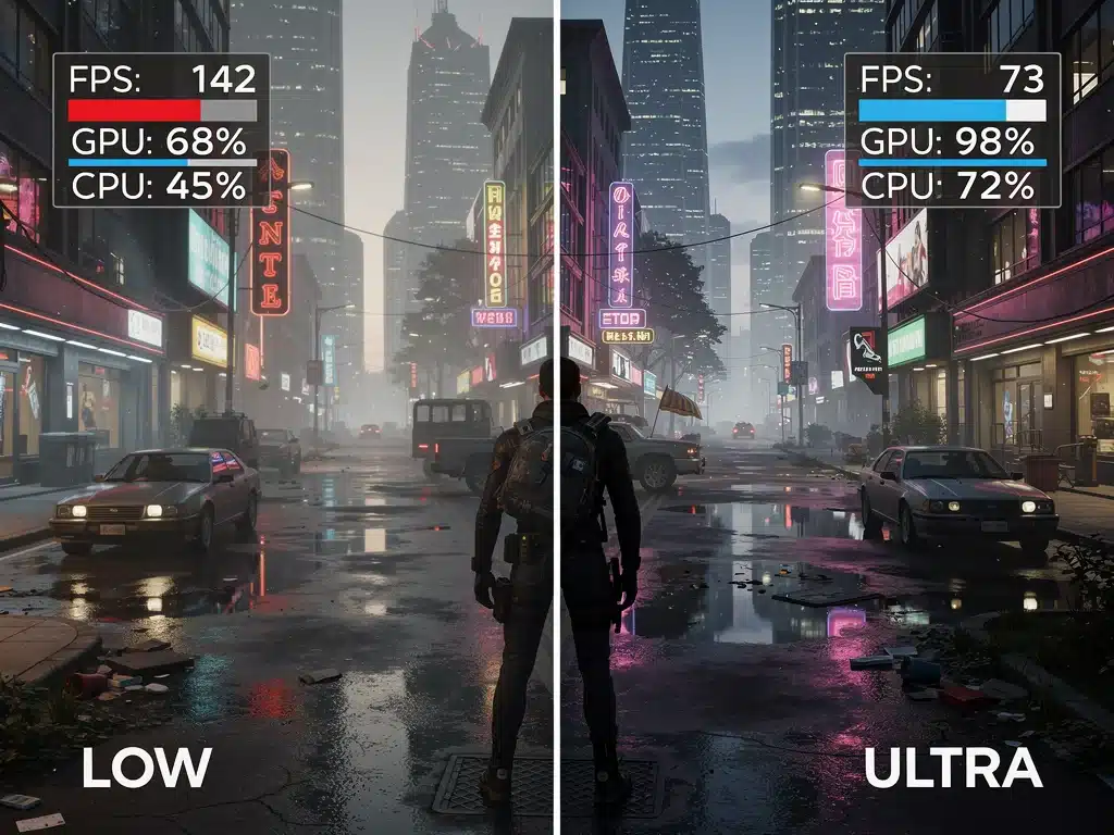 Comparison of lower and higher graphics settings used during PC game performance evaluation