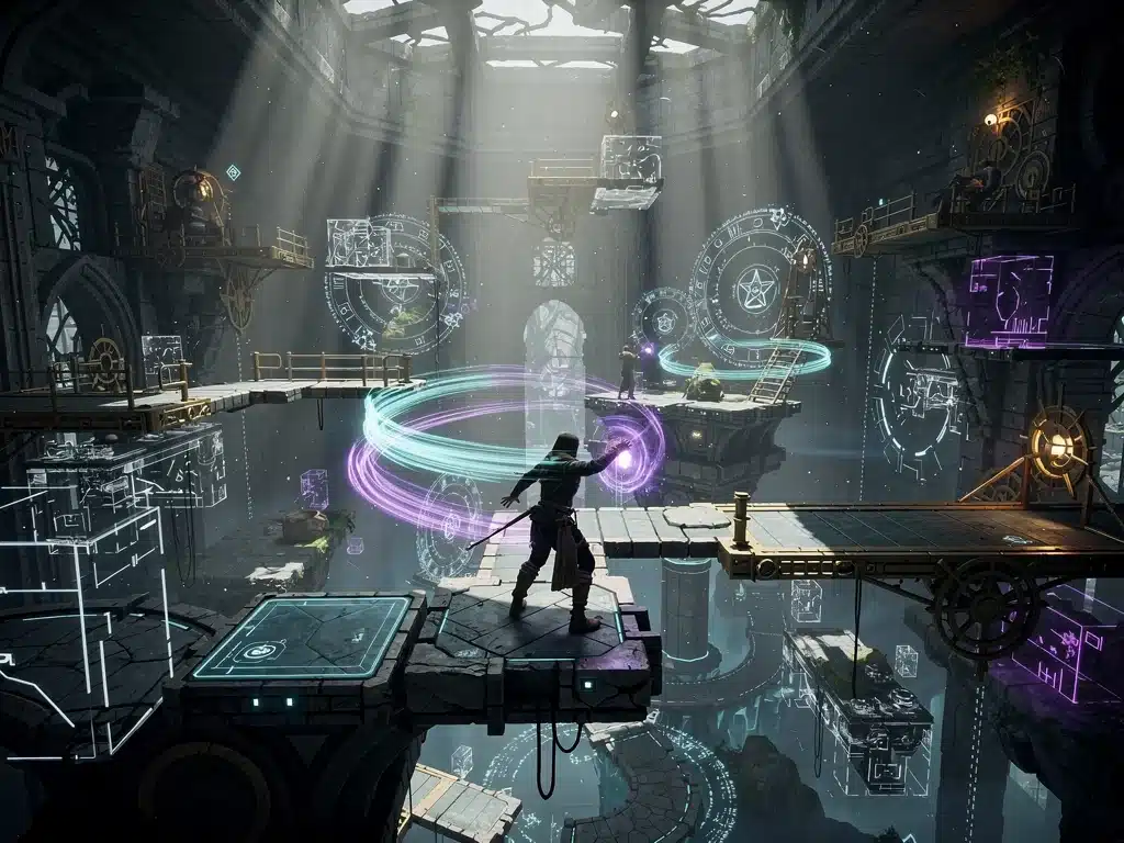 Aetherbound Echoes gameplay featuring time manipulation for puzzle-solving in a detailed, dynamic environment.