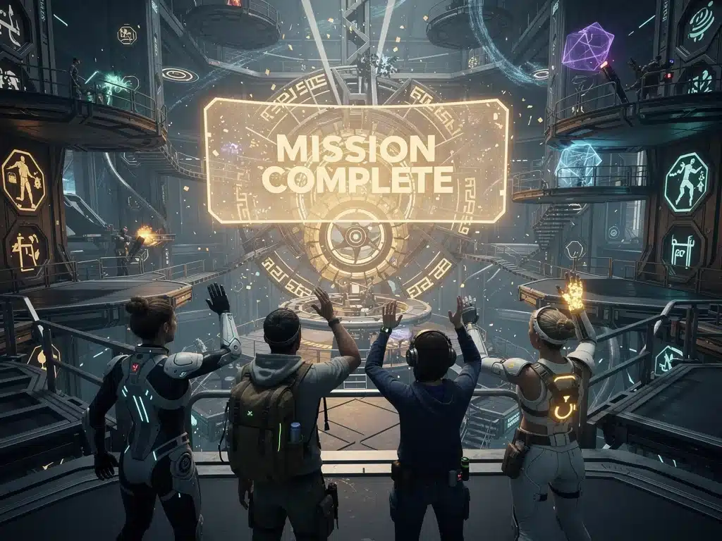 Friends celebrating a cooperative gaming victory after completing a difficult team objective.