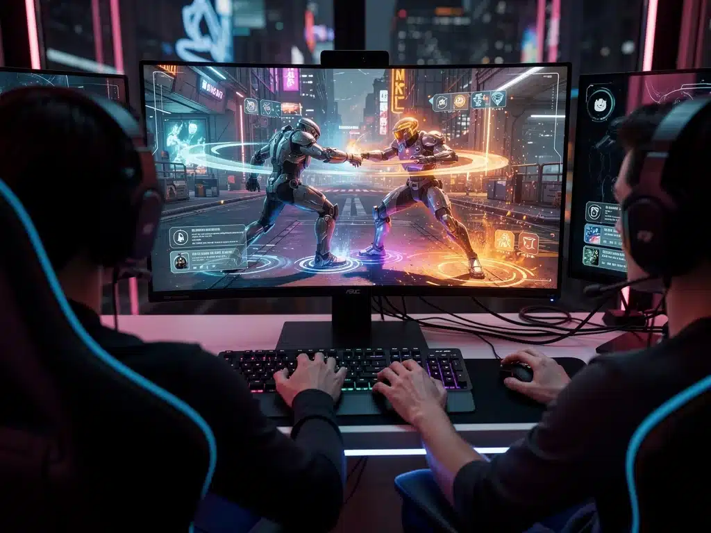 Futuristic cooperative gameplay representing coordinated action between two players.