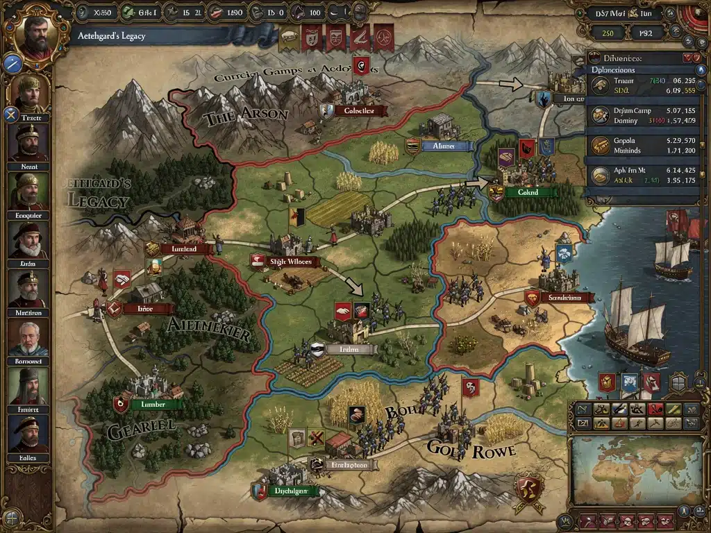 Grand strategy map of a medieval kingdom in Aethelgard's Legacy