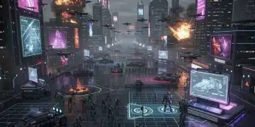 Futuristic city under siege, showcasing intricate tactical units and a detailed battlefield