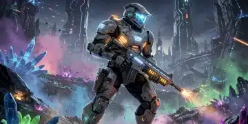 Futuristic soldier with energy weapon in alien landscape, ready for battle